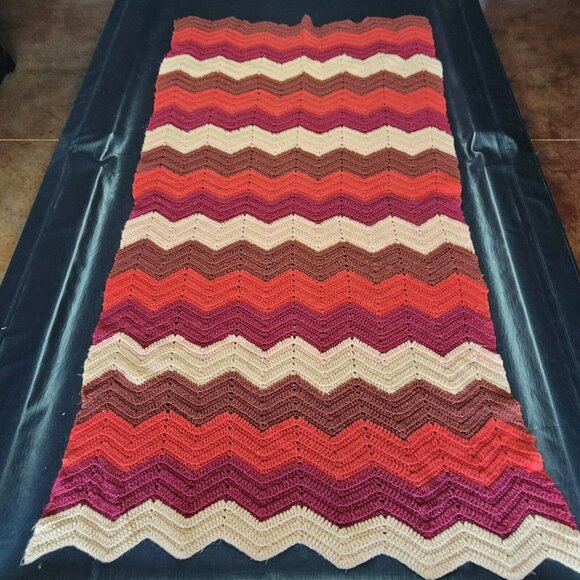 Handmade Other - Handmade Crochet Afghan Throw Lap Blanket Zig Zag Chevron Brown Burgundy 72 x 40
